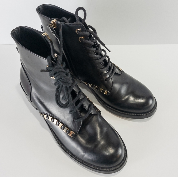 Salvatore Ferragamo Theodore Embellished Combat Boots Black -8 - Picture 6 of 8